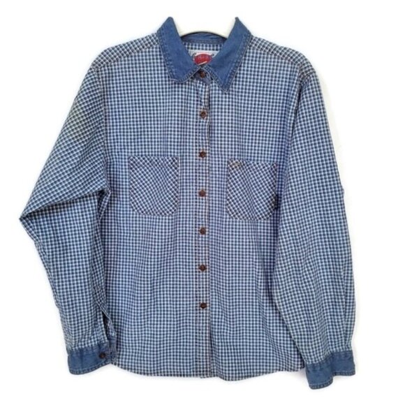 Vintage Denim Top Checkered Button Down Size L - Picture 1 of 8
